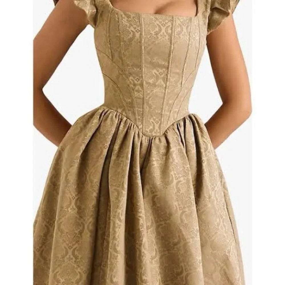 House of CB Brown Midi Dress Ruffle Sleeves xs Alessandra corset jacquard gold - Picture 5 of 12